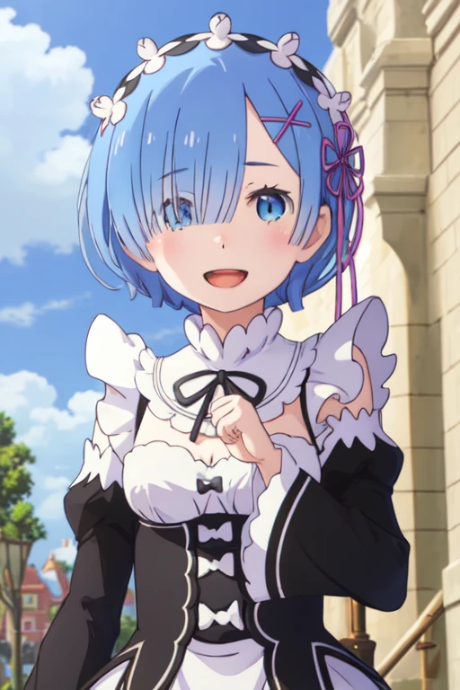 highest quality, masterpiece, phRem, One girl, Subaru Natsuki, roswaal mansion Maid uniform, Maid, smile, Open your mouth, null, Removable sleeves, Day, Focus Only, Outdoor, throw, cloud, out of frame, Maid headdress, blue null, Black Ribbon, blush, Black sleeves, Anime Coloring, throw hands, Parody, chest, :d, chestの谷間, Long sleeve, Neck ribbon, Frills, whole body