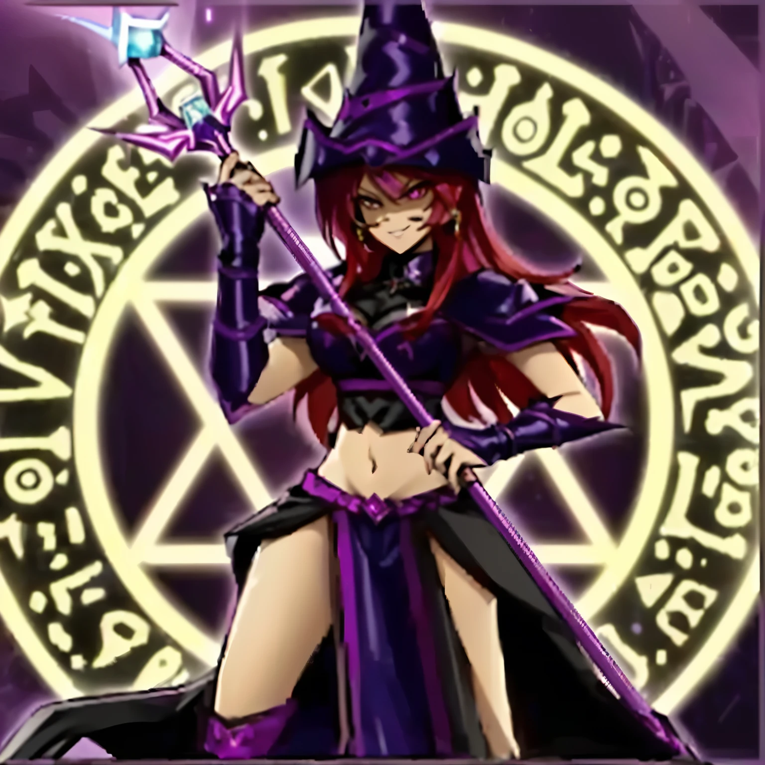 an image of a woman in a purple suit holding a purple cane, evil Hechicera, Maga oscura de Yu-Gi-Oh, Chica Maga Negra, supervillain Hechicera witch, evil Hechicera witch, maga!, estilo yugioh, /!\ the Hechicera, Hechicera, dark Hechicera fullbody pose