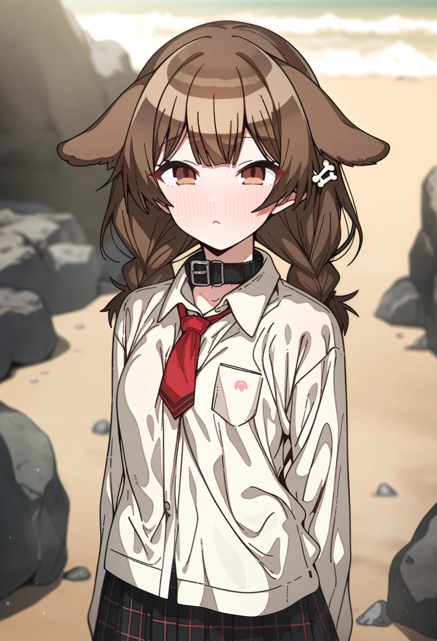 hoshino_(blue_archive) with brown hair and brown eyes, Artist, erere, Copyrights, idolmaster, idolmaster_shiny_colors, Character, General, 1girl, brown_hair, blunt_bangs, blush, medium_breasts, breasts, detailed eyelashes, beatiful girl:1, brown_eyes, censored, school_uniform, black pleated skirt, black blazer, white shirt, red tie, dog_tail, animal_collar, twin_braids, dog_ears, bone_hair_ornament, :|:0.5, (full_body) (standing in middle, beach, rocks), sky:0.7, half-closed_eyes, detailed, sand, outdoors, from_side, looking_at_viewer, masterpiece, best_quality, great_quality, girl, solo, center_composition, centered character, cute
