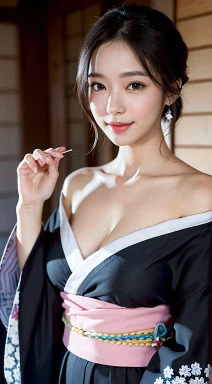 face is :9,41434626], Bewitching beautiful mature woman、40 years、stature　154cm、well-proportioned figure、The figure of the hourglass、Japan in a yukata、Yukata at Japan Ryokan、Shoulder out、clavicle、model in Japan、Japan sensual woman, Gorgeous Japan Woman, goddess of Japan, A smile、standing up、Raw photo, (in 8K、top-quality、​masterpiece:1.2)、(intricate detailes:1.4)、(Photorealsitic:1.4)、octane renderings、Complex 3D rendering ultra detail, studio lights, Rim Lights, vibrant detail, super detailing, realistic skin textures, Detail Face, Beautiful detail eyes, Very detailed CG Unity 16k wallpaper, make - up, (detailedbackground:1.2),　shinny skin、