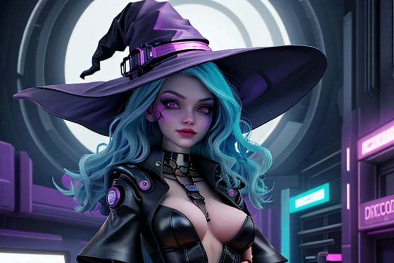 High resolution,high quality,Perfect body,Perfect Face,Perfect Fingers,Beautiful Skin,1girl,cyber punk,Neon Light,Skyscrapers,witch,witch hat,Witch's clothes,Clothing accessories are shiny,looking at the camera,White Hair,Blue Eyes,Your eyes are shining,dark,Standing pose