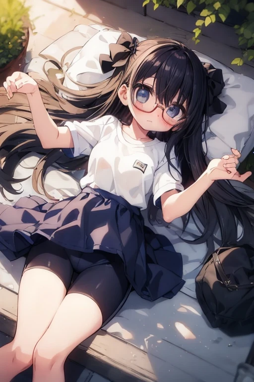 (big round glasses:1.3)、(Timid girl、sorrow、blush、Watery eye:1.2)、Long black hair、White short sleeve shirt、Navy blue shorts、(Gym suit)、 、Flat body