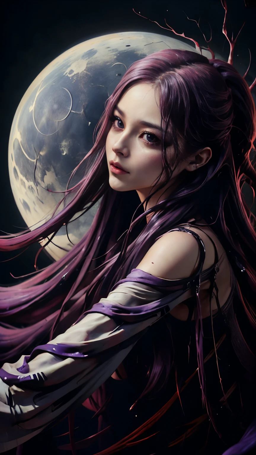 background（Black Night Sky，Big Moon），Close-up of a woman，Wearing a white shirt、Purple Hair，Very long hair，very thick braids，Purple eyes，big ， realistic girl rendering, 8k artistic german bokeh, Enchanting girl, Real Girls, Gurwitz, Gurwitz-style artwork, Girl Roleplay, Realistic 3D style, cgstation Popular Topics,, 8K Portrait Rendering,（truth，truth：1.4），Wear pink pajamas，巨big ，Sparkling eyes，Purple eyes