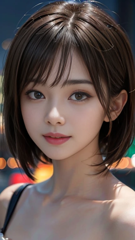 1 girl, 19 years old, south korean, 4k, masterpiece, realistic, realistic textures, frekles under eyes, short whavy black hair, bob haircut, shining purple eyes, detailed pupils, bright red lips, red eyeliners, naked, gigant breast, happy, big smile, closed mouth, multiple of frekles under eyes, detailed face, detailed eyes, facing camera, bright colors, close up, face focus.