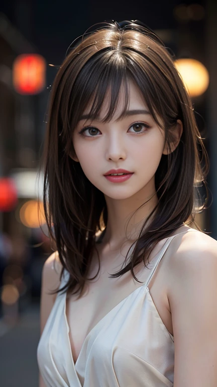 One Japanese idol, (RAW Photos, highest quality), (Realistic, Photorealistic:1.4), Tabletop, Very delicate and beautiful, Very detailed, 8k wallpaper, wonderful, In detail, Very detailedなCG Unity, High resolution, Soft Light, beautiful detailed 25 years old, Very detailedな目と顔, Beautifully detailed nose, Beautiful fine details,Cinema Lighting,City lights at night,thin,smile, (Medium Hair, My hair is messy, Asymmetrical bangs, Light brown hair)