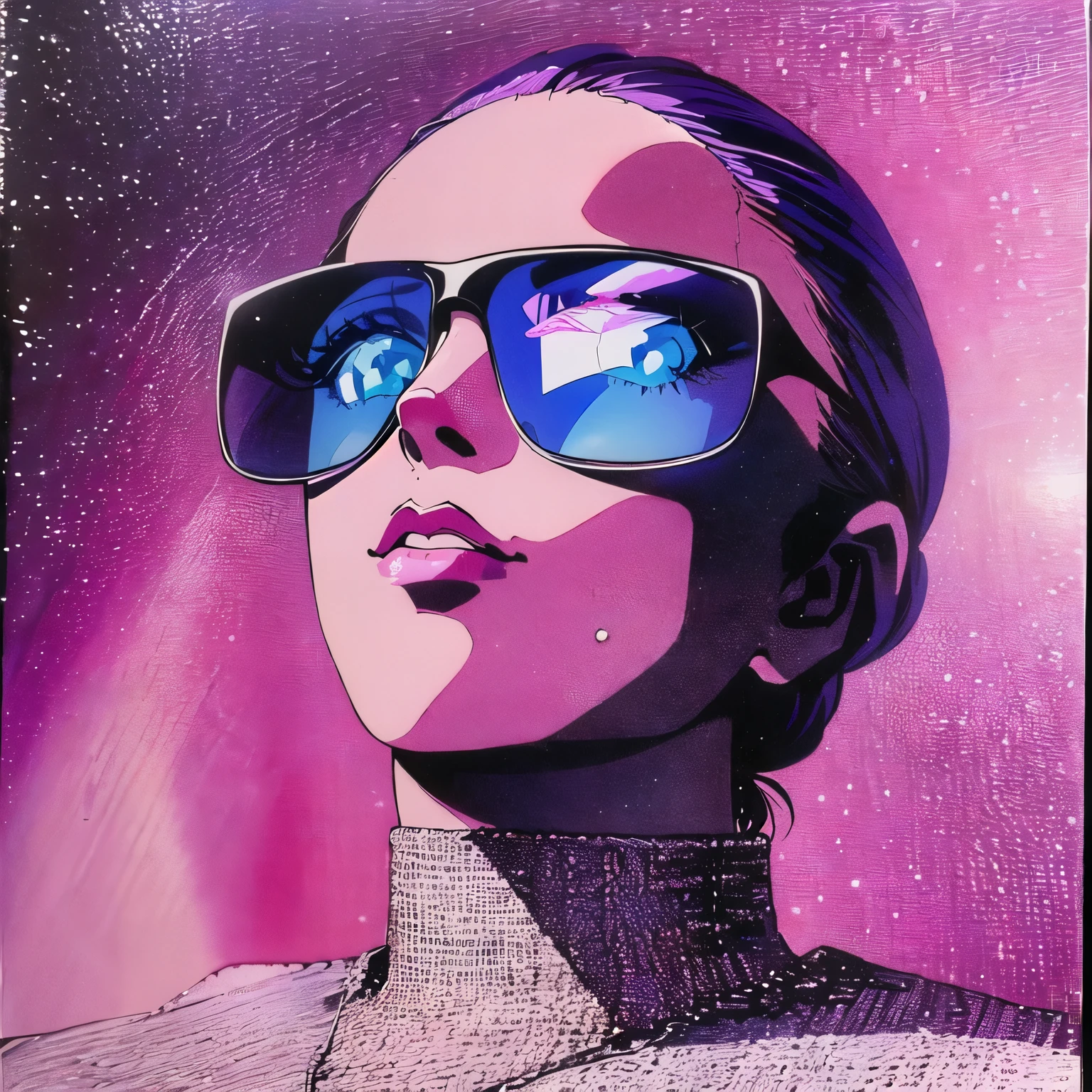 purple and blue photograph of a woman wearing sunglasses 1990s (style), 1980s (style), retro artstyle, a girl,, best quality, masterpiece.