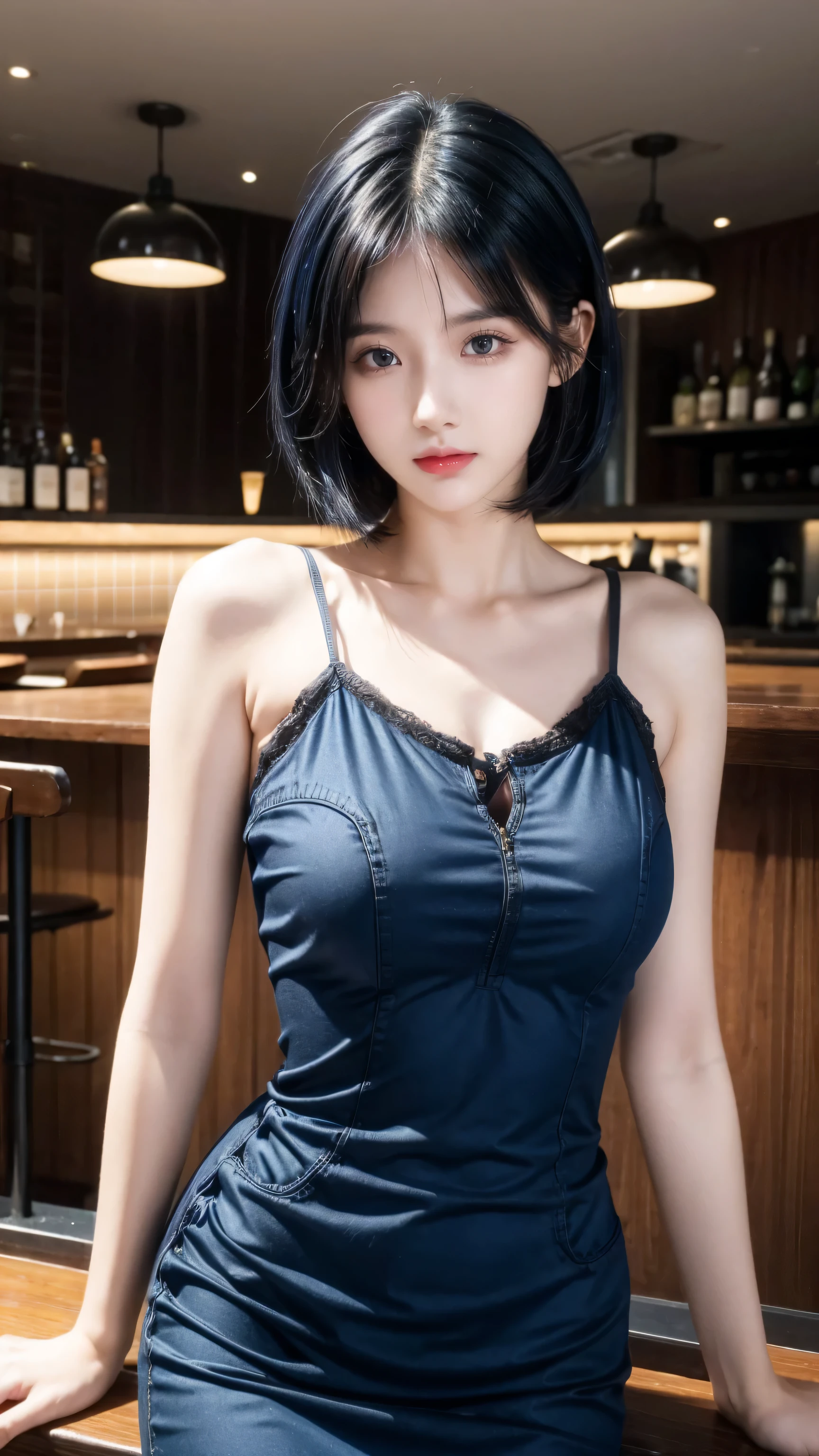 best quality, 1 Girl, dark blue hair, black eyes, Very short hair, Spiky hair, blue dress , 170 cm, Messy hair, Hair between the eyes, Medium breasts, full, Tomboy, aldult, 20 years old, 1 Girl in the restauran