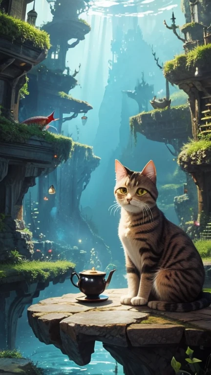 Cat with a fish, fine, Tea, cute, Fantasy World Cats