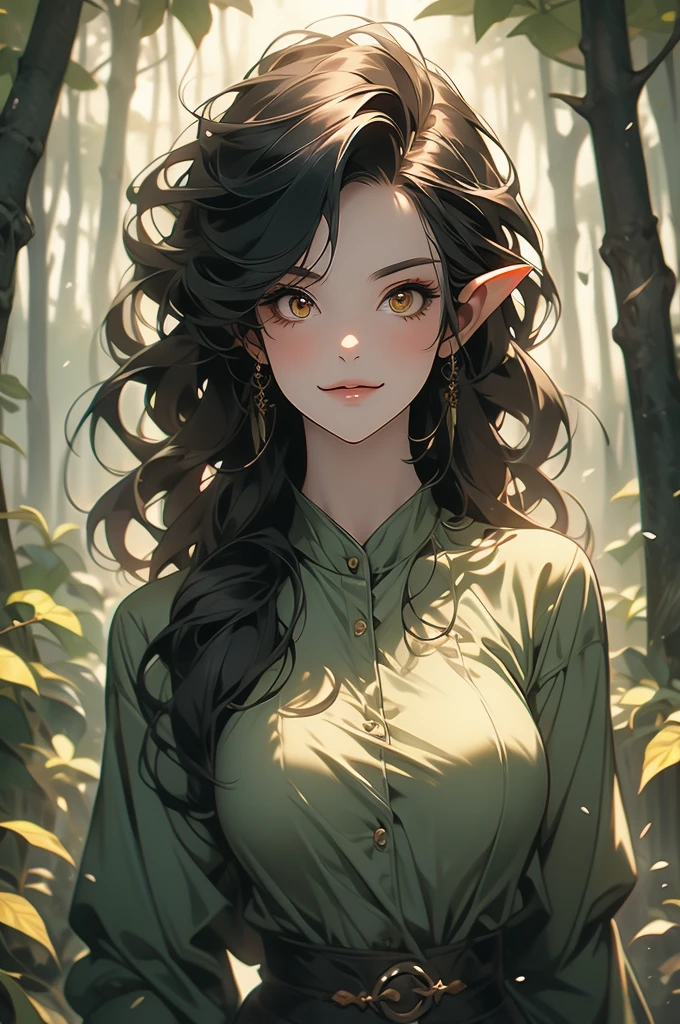 1girl, forest, black hair, large breasts, goblin, sharp teeth, amber eyes, smirking, looking up at viewer