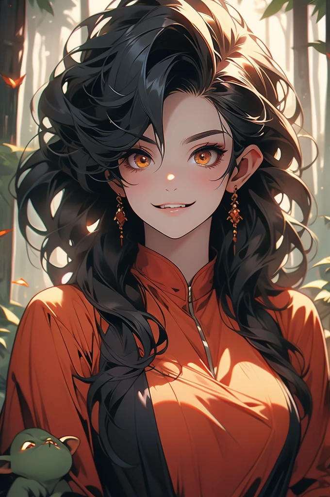 1girl, forest, black hair, large breasts, goblin, sharp teeth, amber eyes, smirking, looking up at viewer