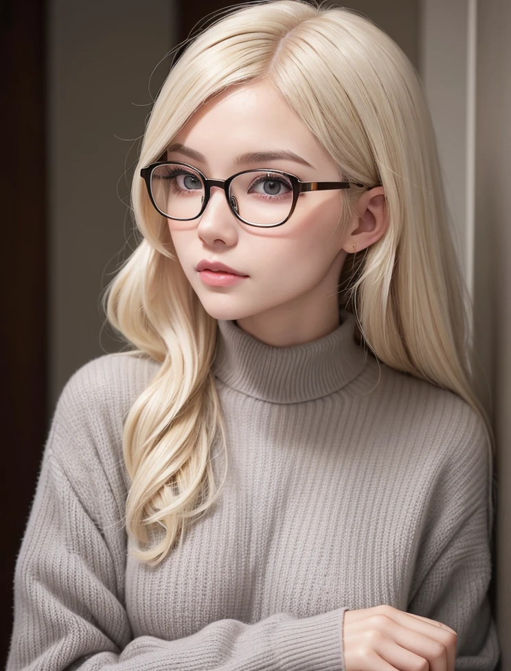 blond woman with glasses and a gray sweater is posing for a picture, with glasses, belle delphine, girl with glasses, with square glasses, spectacled, glasses glasses, glasses, nerdy glasses, shikamimi, ulzzang, white bangs, hair whitebangs hair, thick glasses, sakimichan, wearing thin large round glasses, !!wearing modern glasses!!