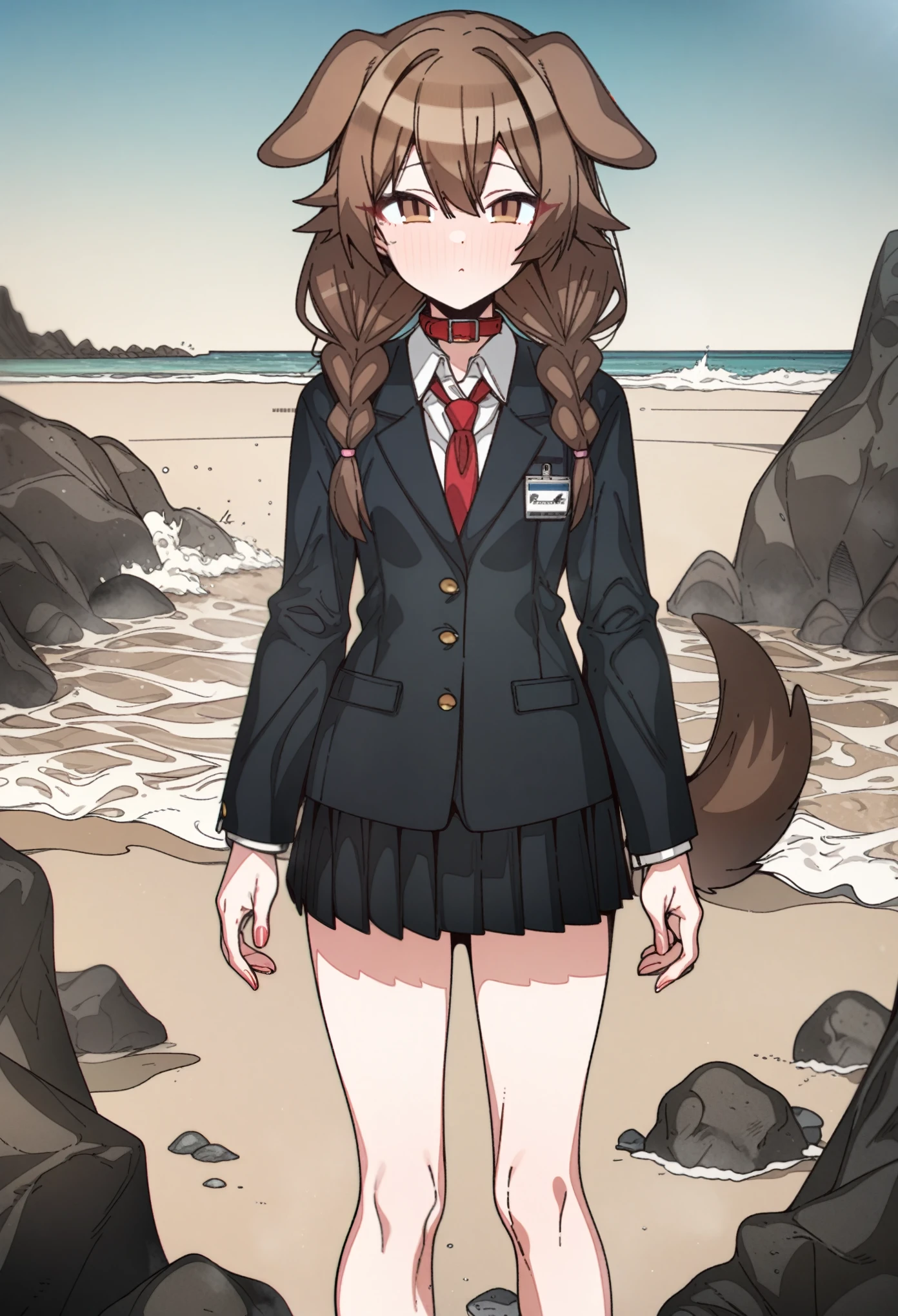 hoshino_(blue_archive) with brown hair and brown eyes, Artist, erere, Copyrights, idolmaster, idolmaster_shiny_colors, Character, General, 1girl, brown_hair, blunt_bangs, blush, medium_breasts, breasts, detailed eyelashes, beatiful girl:1, brown_eyes, censored, school_uniform, black pleated skirt, black blazer, white shirt, red tie, dog_tail, animal_collar, twin_braids, dog_ears, bone_hair_ornament, :|:0.5, (full_body) (standing in middle, beach, rocks), sky:0.7, half-closed_eyes, detailed, sand, outdoors, from_side, looking_at_viewer, masterpiece, best_quality, great_quality, girl, solo, center_composition, centered character, cute
