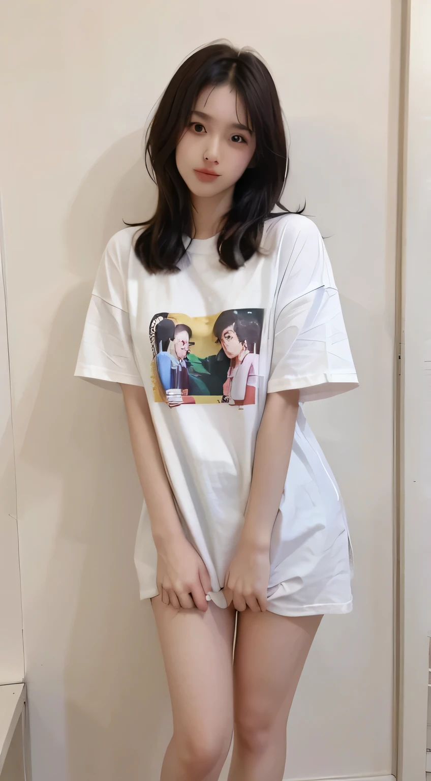 highest quality、figure、Hyperrealism, Super detailedな、High resolution、8k wallpaper、Perfect dynamic composition,、Beautiful fine details、Natural color lip、Bold sexy pose、smile、20-year-old girl、cute、sexy shot looking at camera、Embarrassed and blushing,(highest quality: 1.3), (masterpiece: 1.3), (Super detailed: 1.3),(Detailed hands and fingers:1.2)、(Ultra-oily, lustrous skin with attention to detail:1.1)、Breast E Cup、Sit with your legs apart、Brown Hair、Short Bob Hair、Beautiful sister、Childhood friend's boy's room、Sitting on the floor,Wearing a large white T-shirt