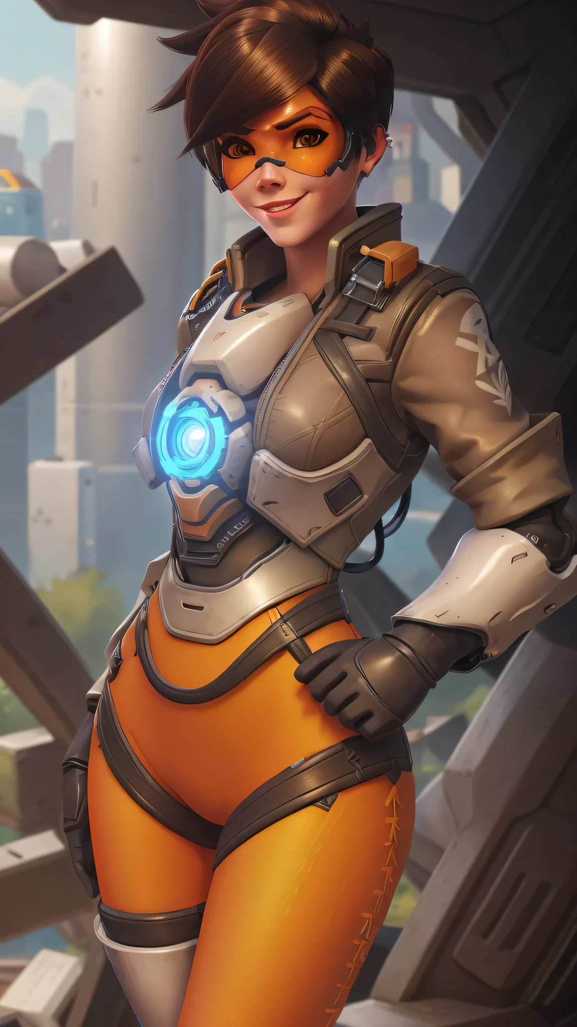 portrait of tracer, close up, gwen tennyson, tracer, overwatch, battle ruins, futuristic city, mecha pilot, bodysuit, brown short sleeve pilot jacket, orange and red sport leggings, short hair, punk makeup, hazel eyes, multicolored brown hair, happy smile, freckles, beautiful girl, medium breasts,8k,ultra detailed, realistic, fantasy art, cyborg armor, pilot uniform,(weather: windy), (visor, googles), sexy stance, wide hips, thick legs,