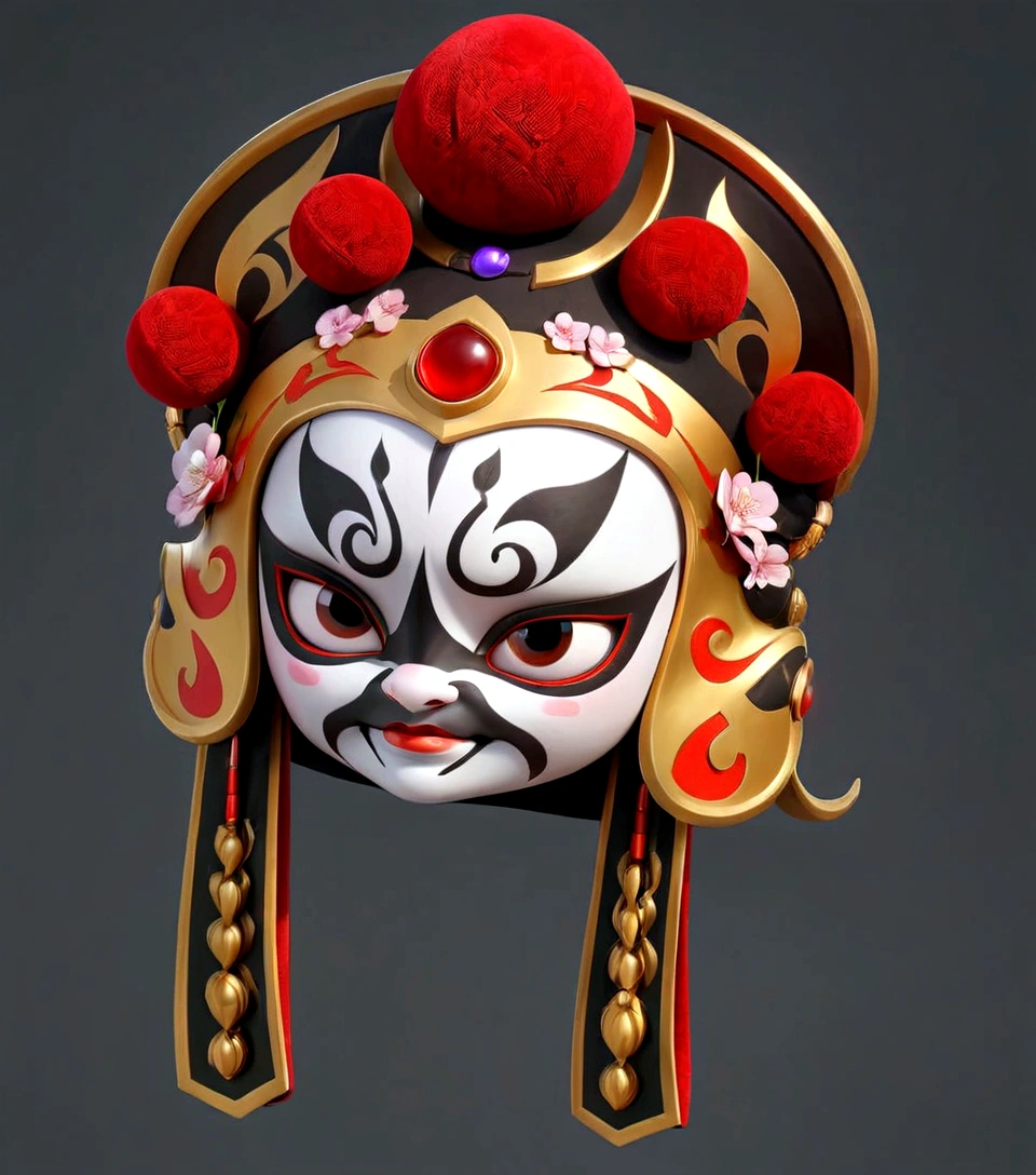 have a mask,A red ball, Detailed helmet, Gorgeous headdress, Gorgeous headscarf, Gorgeous headdress, Game assets, High Detail, China gorgeous,, Sichuan opera roles,Quintessence,High degree of completion, There are rubies,3D Model, 3d icons for mobile games,metallic feel。8K,HD,High Detail