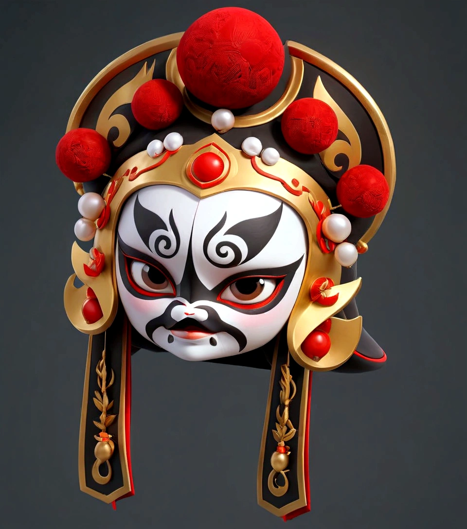 have a mask，A red ball, Detailed helmet, Gorgeous headdress, Gorgeous headscarf, Gorgeous headdress, Game assets, High Detail, China gorgeous,, Sichuan opera roles，Quintessence，High degree of completion， There are rubies，3D Model, 3d icons for mobile games，metallic feel。8K，HD，High Detail
