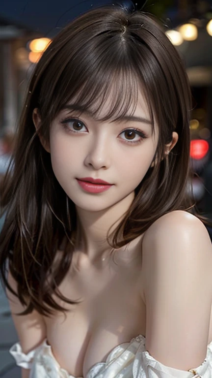 One Japanese idol, (RAW Photos, highest quality), (Realistic, Photorealistic:1.4), Tabletop, Very delicate and beautiful, Very detailed, 8k wallpaper, wonderful, In detail, Very detailedなCG Unity, High resolution, Soft Light, beautiful detailed 25 years old, Very detailedな目と顔, Beautifully detailed nose, Beautiful fine details,Cinema Lighting,City lights at night,thin,smile, (Medium Hair, My hair is messy, Asymmetrical bangs, Light brown hair)