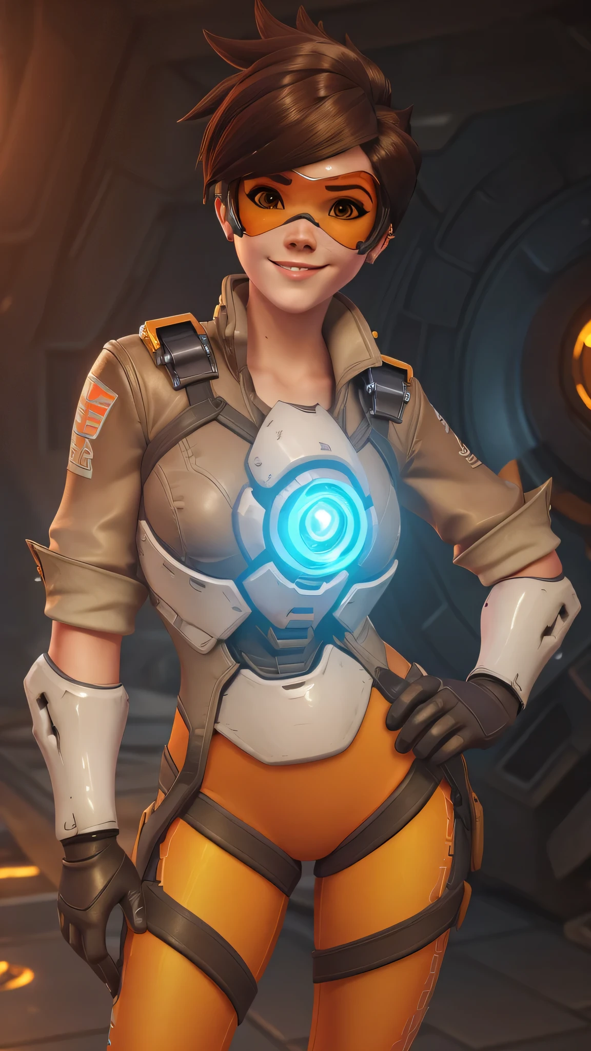 portrait of tracer, close up, gwen tennyson, tracer, overwatch, battle ruins, futuristic city, mecha pilot, bodysuit, brown short sleeve pilot jacket, orange and red sport leggings, short hair, punk makeup, hazel eyes, multicolored brown hair, happy smile, freckles, beautiful girl, medium breasts,8k,ultra detailed, realistic, fantasy art, cyborg armor, pilot uniform,(weather: windy), (visor, googles), sexy stance, wide hips, thick legs,