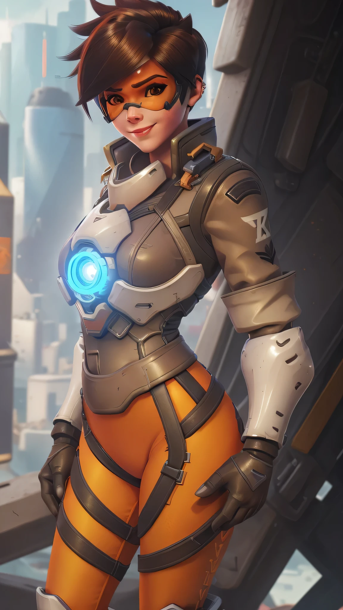 portrait of tracer, close up, gwen tennyson, tracer, overwatch, battle ruins, futuristic city, mecha pilot, bodysuit, brown short sleeve pilot jacket, orange and red sport leggings, short hair, punk makeup, hazel eyes, multicolored brown hair, happy smile, freckles, beautiful girl, medium breasts,8k,ultra detailed, realistic, fantasy art, cyborg armor, pilot uniform,(weather: windy), (visor, googles), sexy stance, wide hips, thick legs,