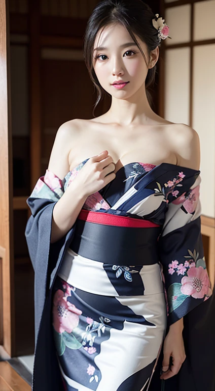 face is :9,41434626], Bewitching beautiful mature woman、40 years、stature　154cm、well-proportioned figure、The figure of the hourglass、Japan in a yukata、Yukata at Japan Ryokan、Shoulder out、clavicle、model in Japan、Japan sensual woman, Gorgeous Japan Woman, goddess of Japan, A smile、standing up、Raw photo, (in 8K、top-quality、​masterpiece:1.2)、(intricate detailes:1.4)、(Photorealsitic:1.4)、octane renderings、Complex 3D rendering ultra detail, studio lights, Rim Lights, vibrant detail, super detailing, realistic skin textures, Detail Face, Beautiful detail eyes, Very detailed CG Unity 16k wallpaper, make - up, (detailedbackground:1.2),　shinny skin、
