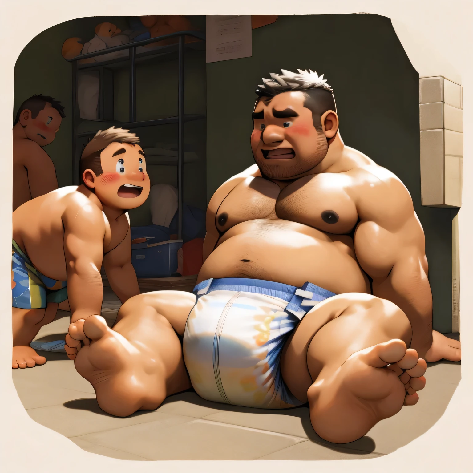 masterpiece, Top quality, in 32K, perfect anatomy, hyper detailed, super fine illustration, The thick man is a brutal prisoner, retarded, hairy human, 50yo in Japan, (fatness: 1.0), Fatty muscle, Bowleg, disappointment, incontinent, be diaper check by children, waddle, There is a small puddle under him, incontinent, Naked, short legs, Bowleg, spread legs, wear a White cloth Diaper, Bare belly, Bare legs, Bare foots, Bare soles, Shirtless, wide forehead and short thinning hair, Man with round face with stubble, Bare foots, Bare soles, shy, sissy, Weaker than children, Drool, Round face, steams, Solo, He enters nursery school and is despised by children, He surrounded by children, His bottom is wet, Bare foots, big butt, he is scolded by the children, White Diaper, He surrounded by children, sobbing, wear a White cloth Diaper, shirtless, There is a small puddle under him, He enters nursery school and is despised by children, big butt, sobbing, He crawling to go to children, on all fours, side view