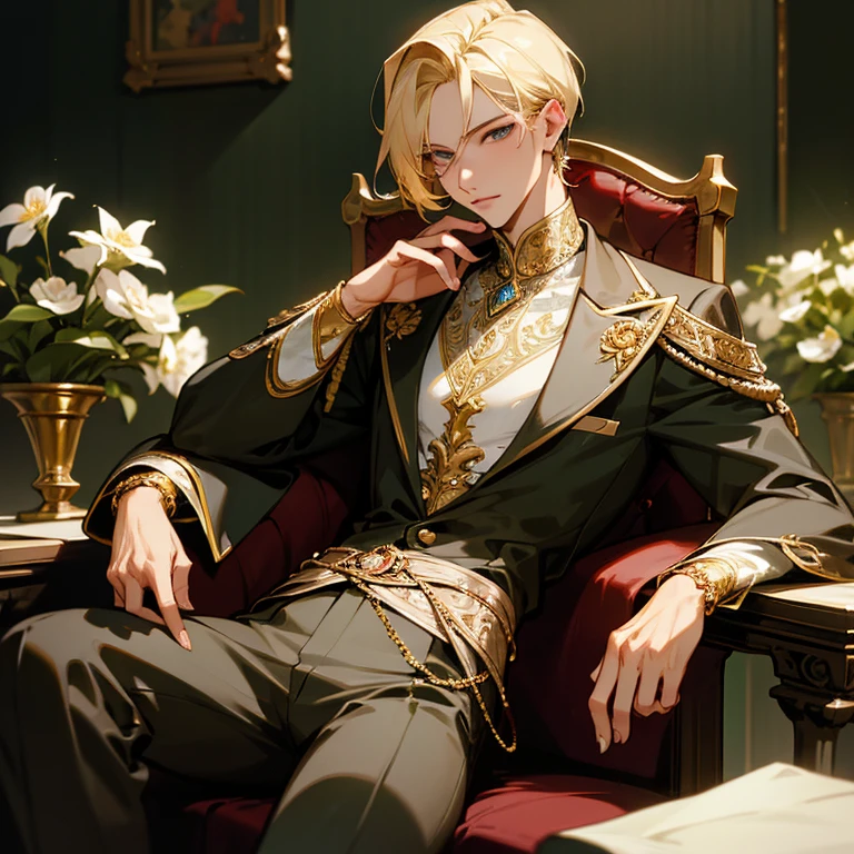 Blonde male model with small waist , posing seductively on a chair with jewerly, diamond, ruby, gold, and flowers around.
Detailed intricate clothes.
(Absurd High Res, HDR, Detailed Masterpiece Art )