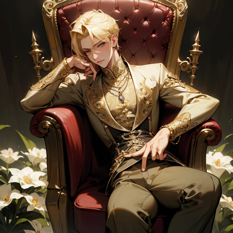 Blonde male model with small waist , posing seductively on a chair with jewerly, diamond, ruby, gold, and flowers around.
Detailed intricate clothes.
(Absurd High Res, HDR, Detailed Masterpiece Art )
