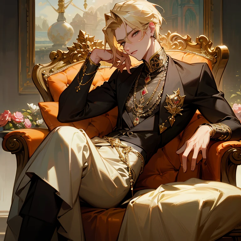 Blonde male model with small waist , posing seductively on a chair with jewerly, diamond, ruby, gold, and flowers around.
Detailed intricate clothes.
(Absurd High Res, HDR, Detailed Masterpiece Art )