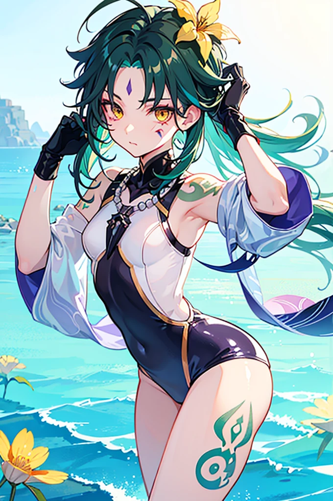(((best quality))), ((ultra-detailed)), ((an extremely delicate and beautiful)), ((16k)), realistic, hd, cgi, gleaming hair, gleaming skin, gleaming dress, Character focus, solo, stylish pose, strong light coming in, sharp focus, illustration, game cg, anime, solo, curvy, (small breasts:1.3), forehead, (white taut one-piece swimsuit:1.2), faste collarbone, (belly:0.9), standing, leaning forward, hand on own head, looking at viewer, ocean, flower hair ornament, accessories, backlighting, shiny skin, shiny body, chibi, xiao, (genshin impact), gloves, tattoo, arm tattoo, necklace, jewelry, green hair, bead necklace, multicolored hair, beads, yellow eyes, mark on forehead, purple mark on forehead, long hair