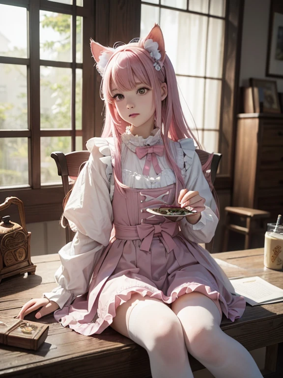 (Raw photo, Best Quality), (Realistic, Photorealsitic:1.3),Best Quality,Highly detailed,masutepiece,Ultra-detailed,Illustration,full body , pink-haired cat-eared cat girl,wear micro mini scart , Wear in light blue‐colored cute Lolita fashion like Revealing idol costumes, ,beautiful bare leg,The crotch is showing, Japanese girl, Sitting a chair , Dynamic Angle,world masterpiece theater,Messy_long_hair,Best Quality,the Extremely Detailed CG Unity 8K Wallpapers,inky,amazing,Cinematic lighting,lens_f lare, idol_Style,