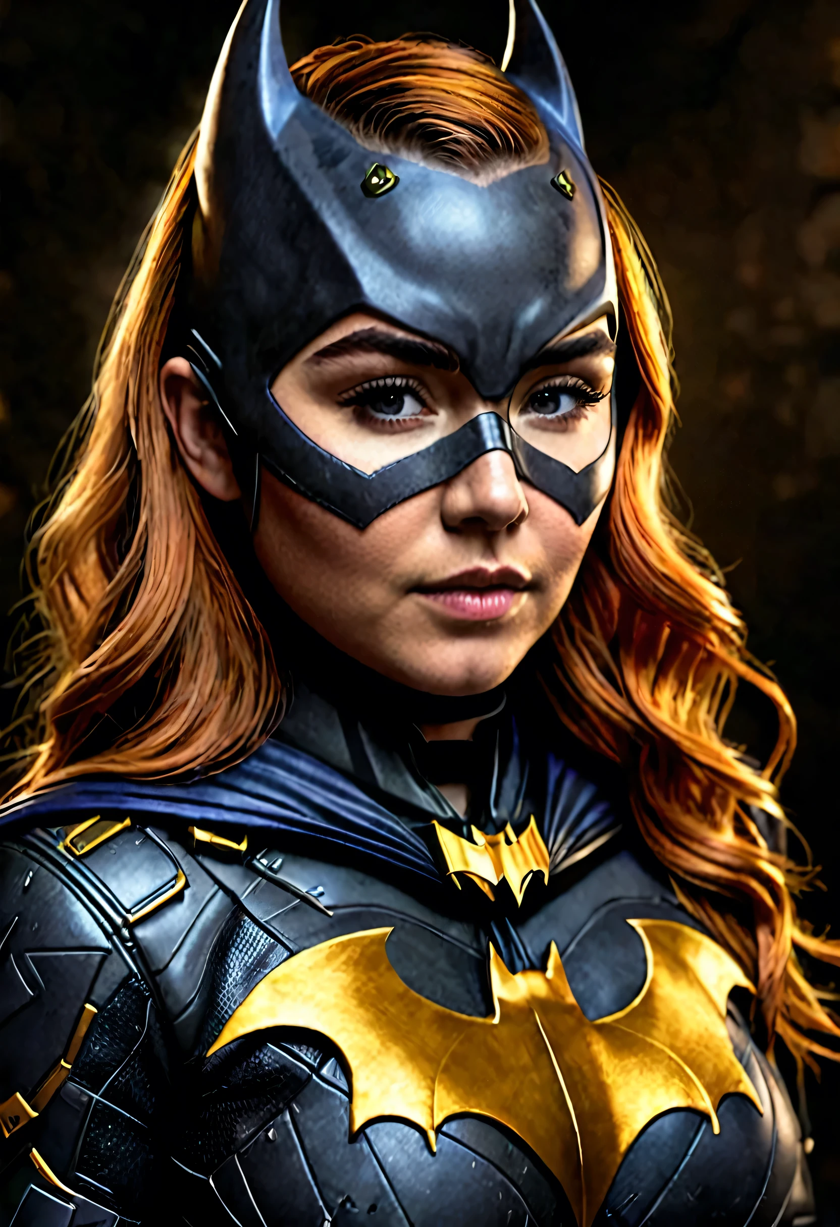 a beautiful detailed portrait of Florence Pugh as Batgirl from the DC comics universe,Batgirl costume,Batman emblem on the chest,inspired by the Arkham trilogy video game series,hyperrealistic,8k,extremely detailed,intricate costume design,dramatic lighting,cinematic composition,vivid colors,digital art,concept art style,clear ginger hair,((Mask))