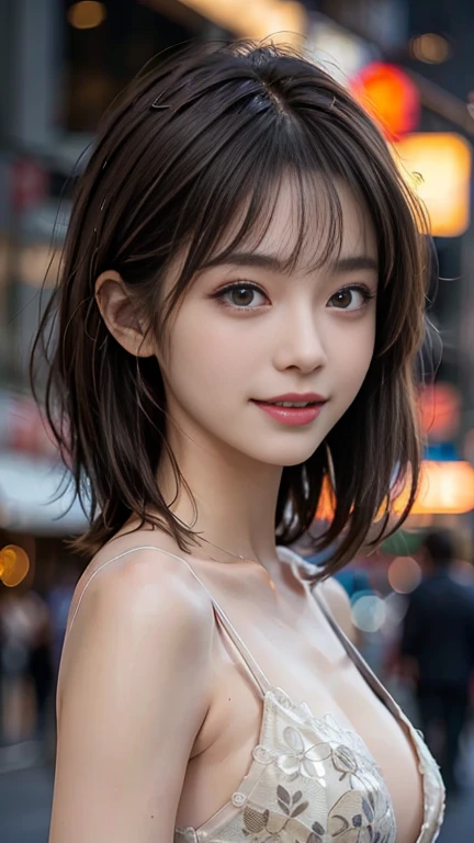One Japanese idol, (RAW Photos, highest quality), (Realistic, Photorealistic:1.4), Tabletop, Very delicate and beautiful, Very detailed, 8k wallpaper, wonderful, In detail, Very detailedなCG Unity, High resolution, Soft Light, beautiful detailed 25 years old, Very detailedな目と顔, Beautifully detailed nose, Beautiful fine details,Cinema Lighting,City lights at night,thin,smile, (Medium Hair, My hair is messy, Asymmetrical bangs, Light brown hair)