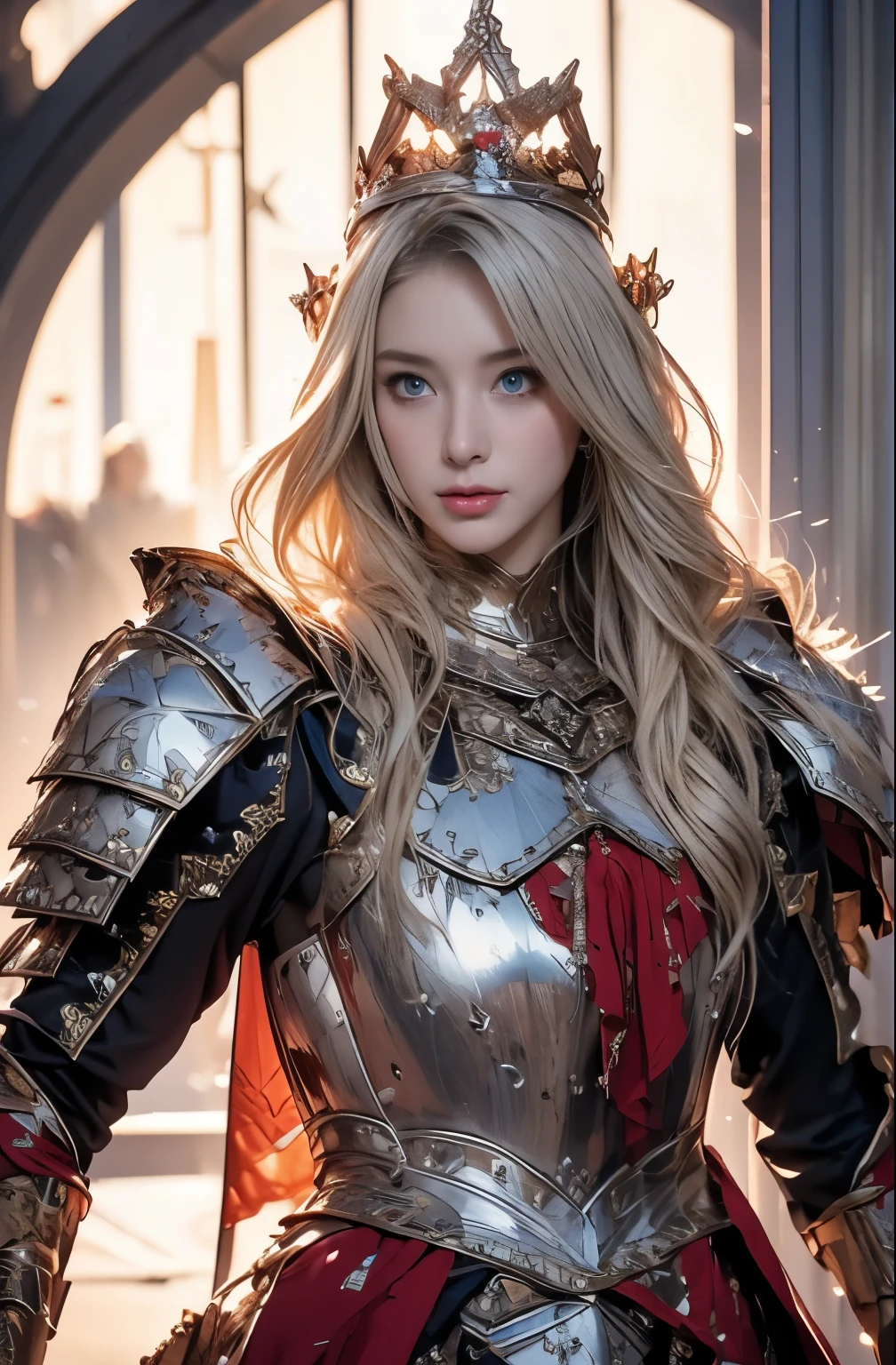 Elegant armor,princess, Full body, wearing a hijab , crown luxury , blue eye, blond hair, around , (red silver hijab), tmasterpiece，Best quality at best，A high resolution，8K，((Portrait))，(upper body)，Original photo，real photograph，digital photography, elegant princess ，blue eye， super colossal brest, pointy colossal breast extravagant ornament，cparted lips，Keep your mouth shuegant and charming，((Blushing))，virgin content，Calm and handsome，luxury body armor ((red and silver armor)) , (Medieval fantasy armor, The Beautiful pointy breast, small waist, perfect colossal breast of princess body )oc render reflection texture, elegant style,   colossal breast , medieval castle background, slim body, very small waist, (luxury armor pattern) , super slim ,beautiful like angel 