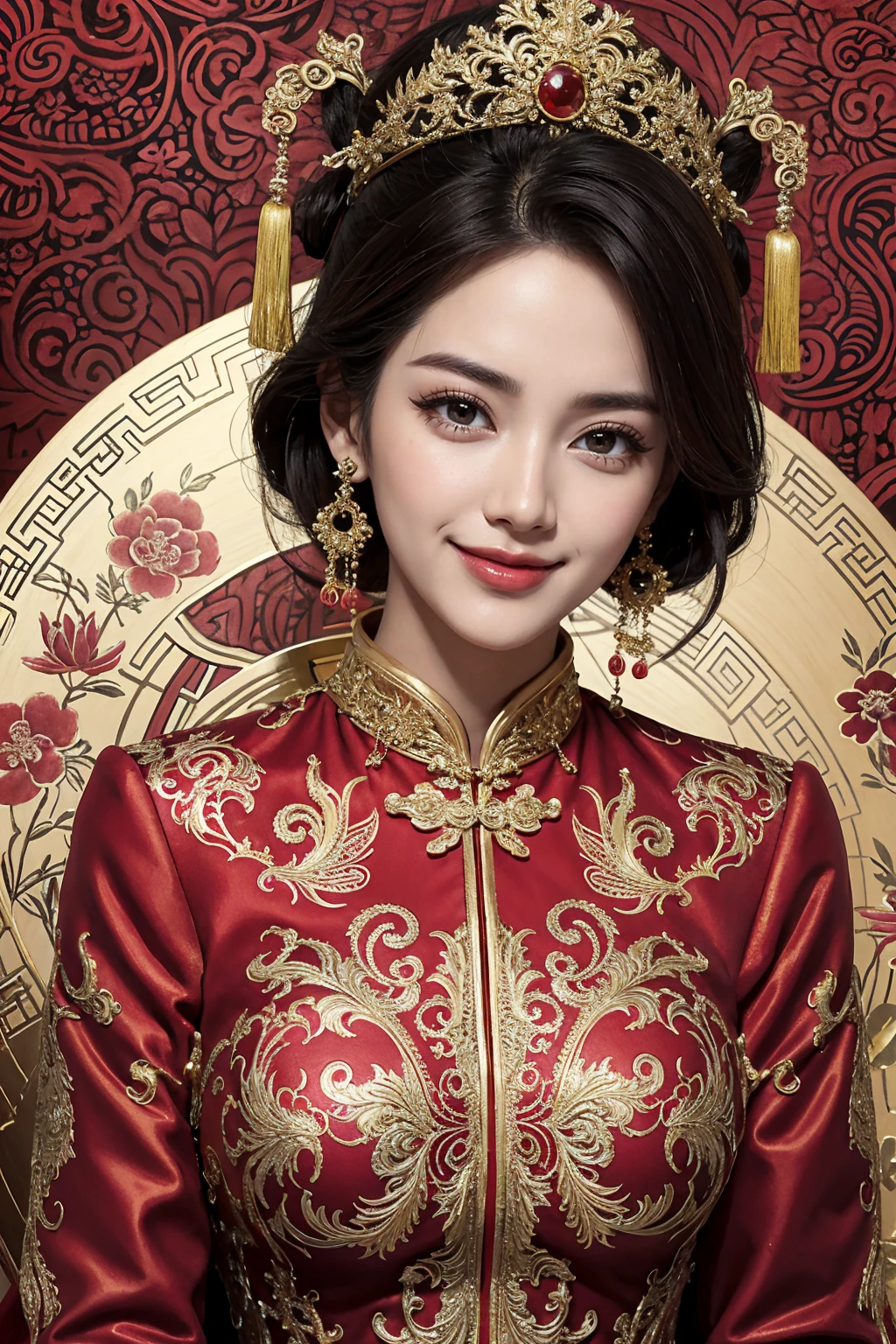 A woman wearing a red and gold Chinese dress，Phoenix crown，a chinese wedding，（tmasterpiece，top Quority，best qualtiy，offcial art，Beauty and aesthetics：1.2），（1girll：1.3），The is very detailed，（s fractal art：1.1），Most detailed，（ zentangle:1.2), full bodyesbian, (abstract backgrounds:1.3), (Shiny skin), (many color:1.4), happy smile,(Earrings), (feater:1.5), sexy pose, naked upper body