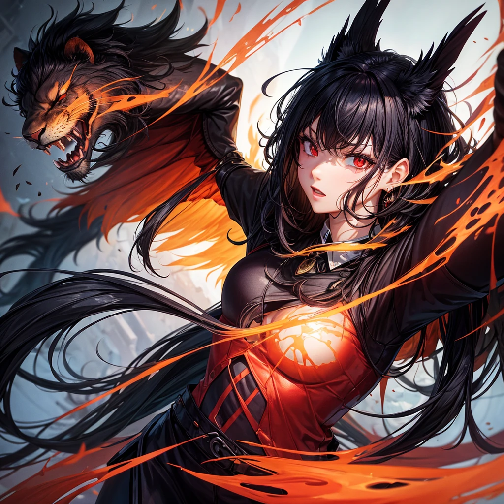 Lion, Black Hair, Red eyes, wing, Very monstrous woman