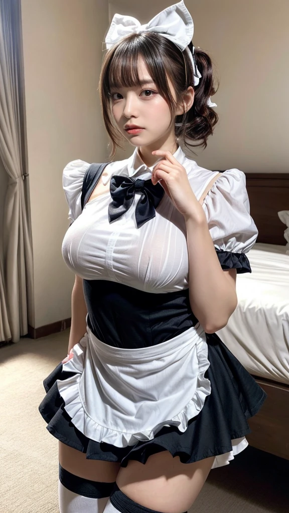 masterpiece, best quality, illustration, Super detailed, fine details, High resolution, 8K,wall paper, perfect dynamic composition,(Details High quality, realistic depiction of eyes:1.3), short hair, (wavy hair:1.2), huge breasts, hotel room, (bow ribbon, Maid, knee high socks:1.3), Aside Cutter Shirt, frill skirt, huge breasts, Don't expose it, ponytail, black hair color, Big Natural Color Lip, perfect body shape, bold sexy pose, crying a little、Harajuku style、20 year old girl、cute type、lolita、beautiful legs, full body photo、focus on crotch, hposing Gravure Idol