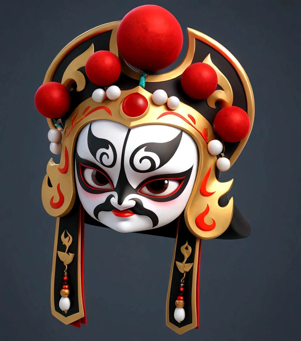 have a mask,A red ball, Detailed helmet, Gorgeous headdress, Gorgeous headscarf, Gorgeous headdress, Game assets, High Detail, China gorgeous,, Sichuan opera roles,Quintessence,High degree of completion, There are rubies,3D Model, 3d icons for mobile games,metallic feel。8K,HD,High Detail