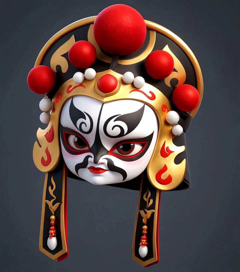 have a mask，A red ball, Detailed helmet, Gorgeous headdress, Gorgeous headscarf, Gorgeous headdress, Game assets, High Detail, China gorgeous,, Sichuan opera roles，Quintessence，High degree of completion， There are rubies，3D Model, 3d icons for mobile games，metallic feel。8K，HD，High Detail
