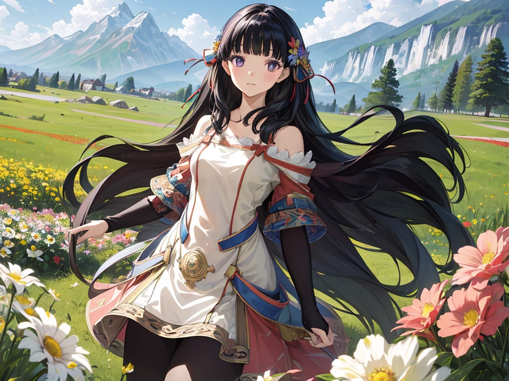 (masterpiece, Absurd quality, highest quality, Official Art, beautifully、aesthetic:1.2), 16k, Cute  girl, Very detailed, Official Art, colorful, Most detailed, Bright colors, By famous artists, (Artist Left), Dynamic Angle, landscape, scenery, flower, 