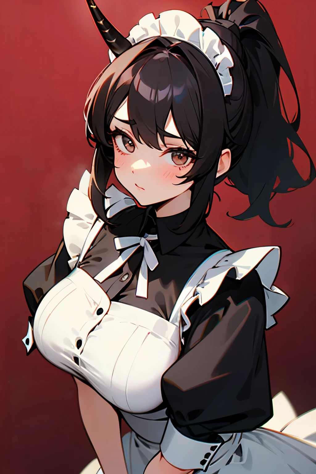 Maid girl, , black, dark hair, ponytail, cute, big breasts, has 1 horn.