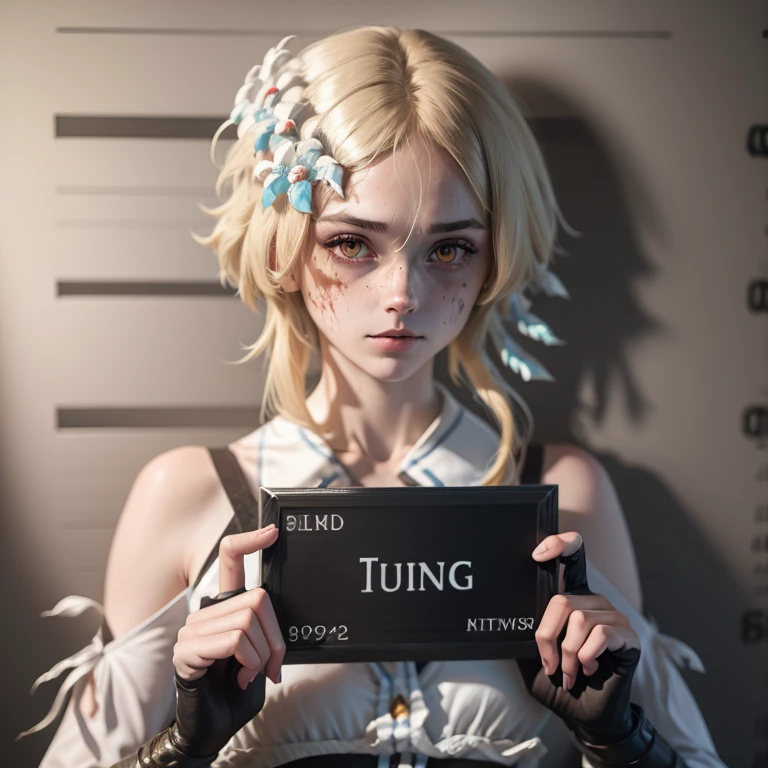 corpse, sinister, female, thin, pale, looking at the camera, ultra realistic, fully detailed, cemetery environment, bright eyes, white dress torn and stained with blood, bones exposed, putrid wounds, sensual, terrifying, bruised by the body, exposed fracture in the collarbone, slight smile, super detailed, white eyes,gun shots in the body, blonde hair, mugshot,