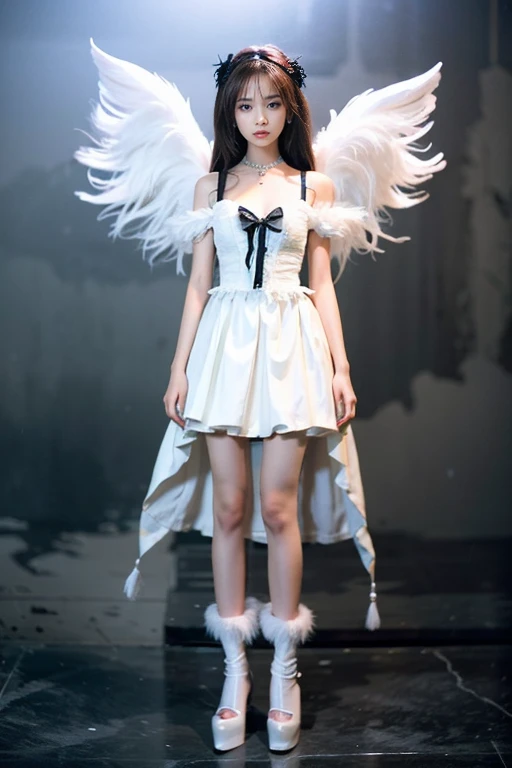 aa doll dressed in a white dress with feathers, a marble sculpture by Puru, Full body ,deviantart contest winner, gothic art, made of feathers, gothic, marble sculpture