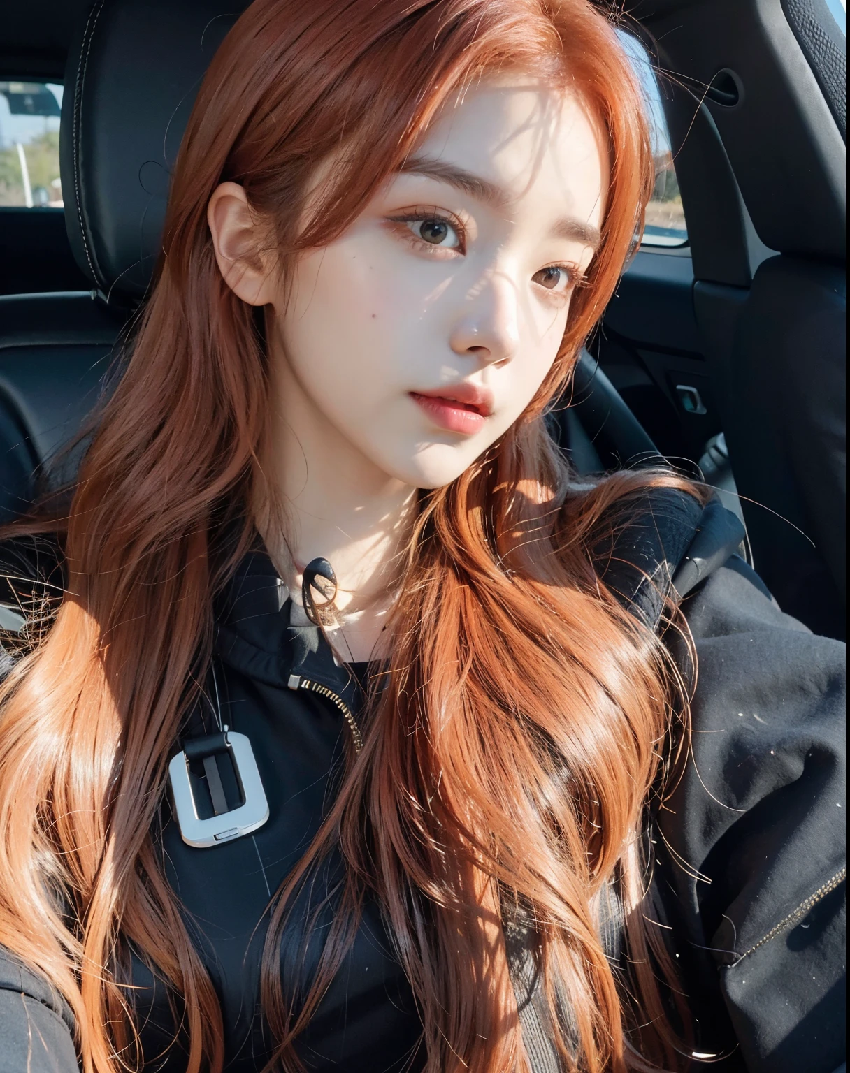 Close up of woman with long red hair sitting in car, Best Face, she has long curly hair, sakimichan, portrait of Josh is Blackpink, She has long orange brown hair, sun yunjoo, Blackpink&#39;s Roseanne Park, with a round face, Doyoung Kim, Popular Korean Makeup, Josh is Blackpink, blackpink jenny, BLACKPINK Lisa, jenny