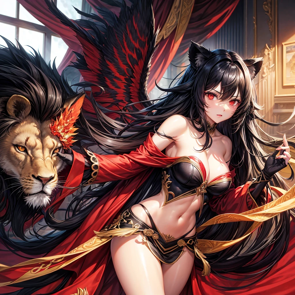 Lion, Black Hair, Red eyes, wing, Very monstrous　woman　Alluring thighs