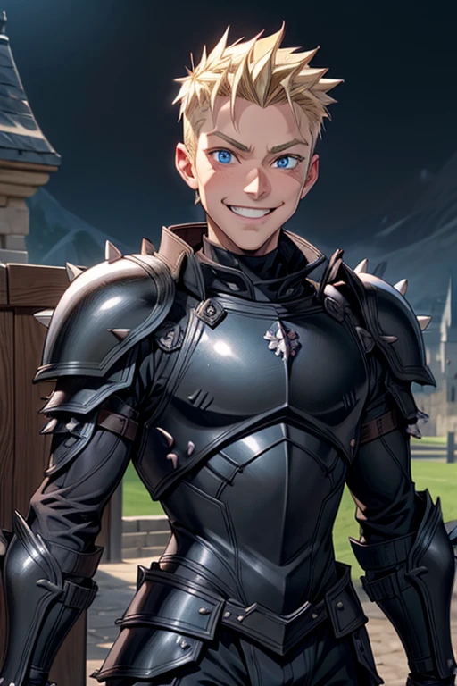 A male guard wearing black spiky armor. goofy expression, goofy smile, blonde hair, blue eyes, wide eyes, (((happy))), surprised, surprised face. Soft face. Black spiky armor. Castle gates background. Body shot