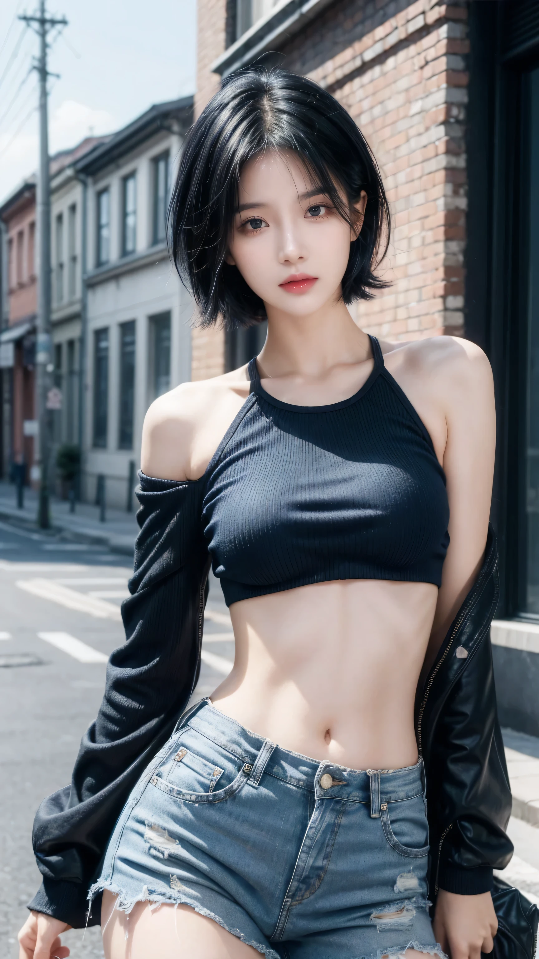 best quality, 1 Girl, dark blue hair, black eyes, Very short hair, Spiky hair, Crop Top Drape red, , High waist short jeans, 171 cm, Messy hair, Hair between the eyes, Medium breasts, full, Tomboy, aldult, 20 years old, 1 Girl near blue motorcycle