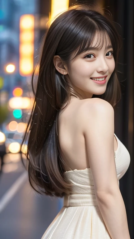 One Japanese idol, (RAW Photos, highest quality), (Realistic, Photorealistic:1.4), Tabletop, Very delicate and beautiful, Very detailed, 8k wallpaper, wonderful, In detail, Very detailedなCG Unity, High resolution, Soft Light, beautiful detailed 25 years old, Very detailedな目と顔, Beautifully detailed nose, Beautiful fine details,Cinema Lighting,City lights at night,thin,smile, (Medium Hair, My hair is messy, Asymmetrical bangs, Light brown hair)