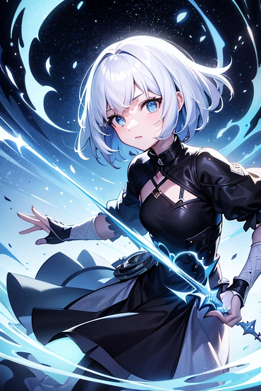 masterpiece:1.4, highest quality:1.4, ultra-high definition:1.4, 32k, high contrast, sharpness, light and dark contrast, game illustration style, extremely cute:1.4, girl with short black hair, light blue eyes, fantastic starry sky