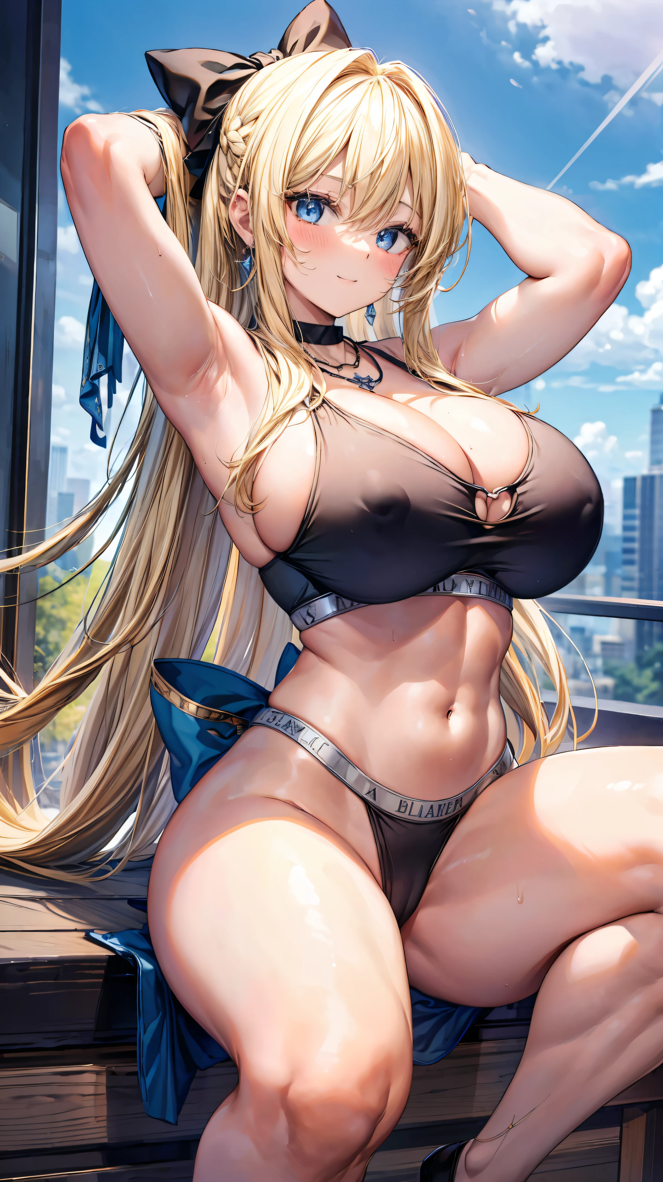 Very detailed、highest quality、Best image quality、masterpiece、8k、Cowboy Shot、Sparkling blue eyes、Anime Face、A kind smile、(Open your mouth:1.2)、(Big Breasts:1.6)、(Long Blonde Hair:1.5)、(SFW Giant)、(Muscles of the whole body)、(Black Thong:1.1)、ckundies、(arms up behind)、(squat)、(Spread your legs),、Bow legs、(Bow-legged)、(necklace:1.3)