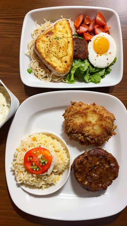 (8k, RAW photo, best quality, masterpiece:1.2), High detail RAW color photo, professional photograph, (realistic, photo realistic:1.37), ((best quality)),(a very beautiful and very cute little girl),(the girl is 5 years old),(
the girl looks happy when she sees a rectangular lunch plate for on a table),(the lunch plate places on a single cute patterned plate with small separate servings of hamburg steak and spaghetti and omelette and salad and fried rice and pudding),